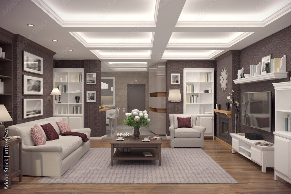 3D rendering of  living room of a classic appartment