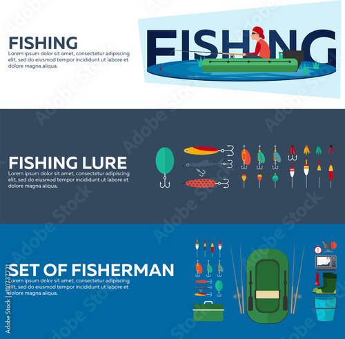 Fishing concept. Fishing set banners, flat style. Fishing illustration.