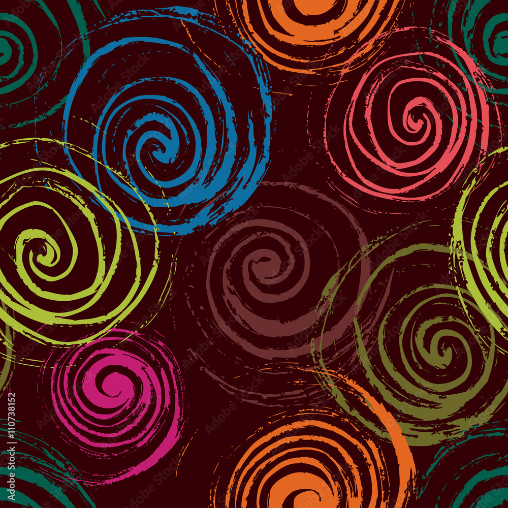 Swirl seamless pattern. Hand drawn black spirals, free layout. Colors of rain forest on maroon background. Textile design.