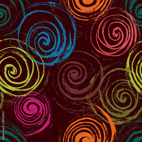 Swirl seamless pattern. Hand drawn black spirals, free layout. Colors of rain forest on maroon background. Textile design.