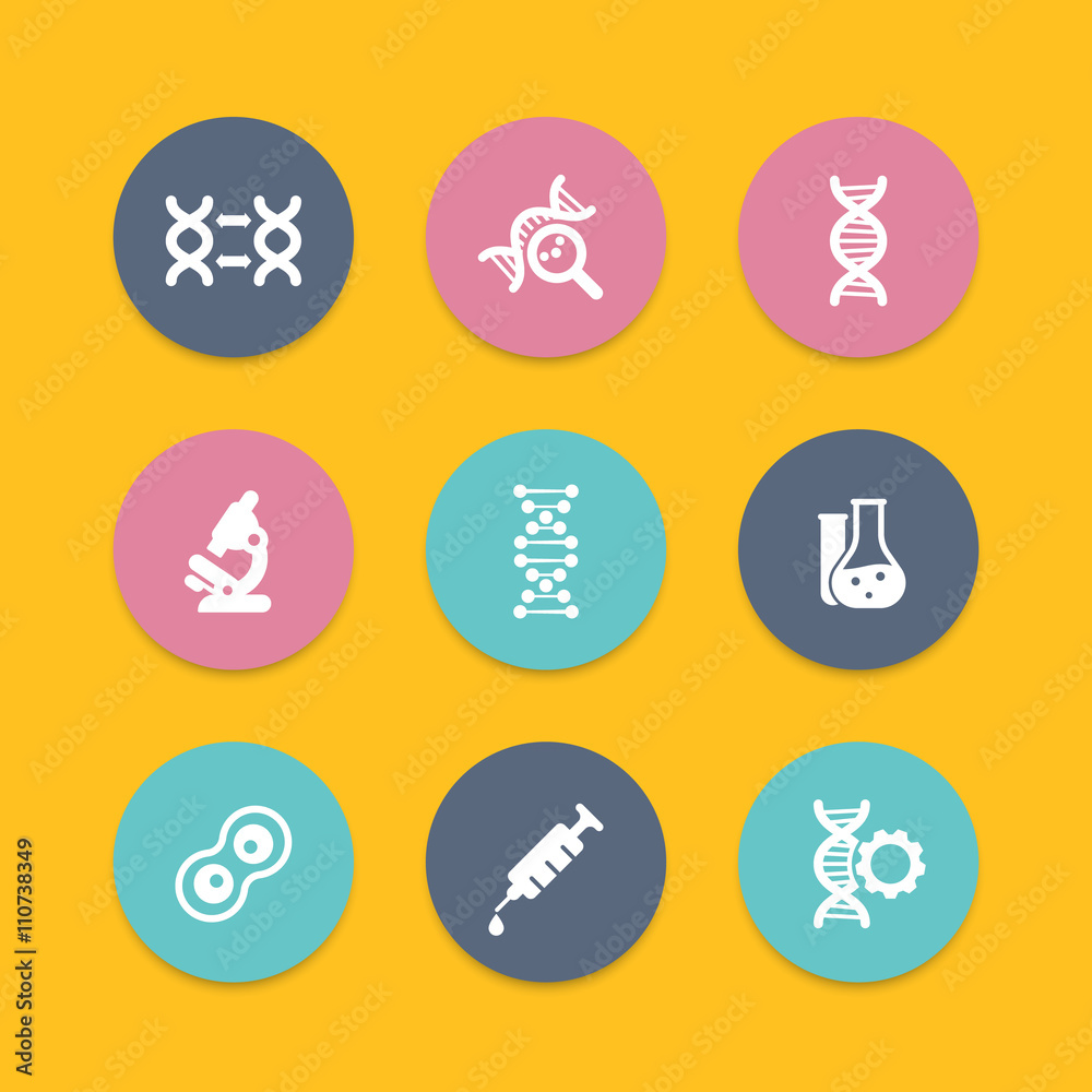 genetics icons, dna chain vector, genetic modification, dna replication, genetic research, laboratory, round flat icons set, vector illustration