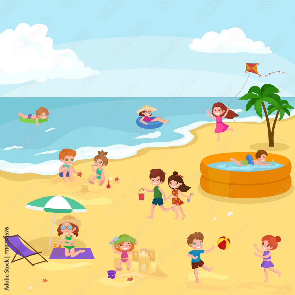 Summer children. Kids playing in the sand on beach Summer children. Kids playing in the sand on beach