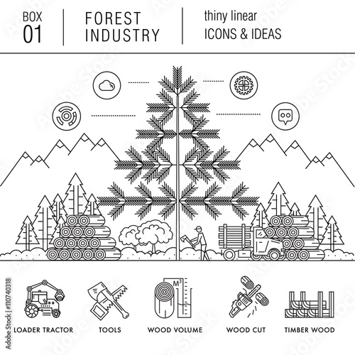 Forest industry in modern thin linear style with various timber