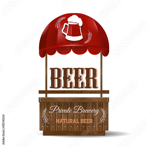 Street stall for the sale of beer. Private Brewery, natural beer. Stand for sale with red awning and wooden planks.  Vector illustration.