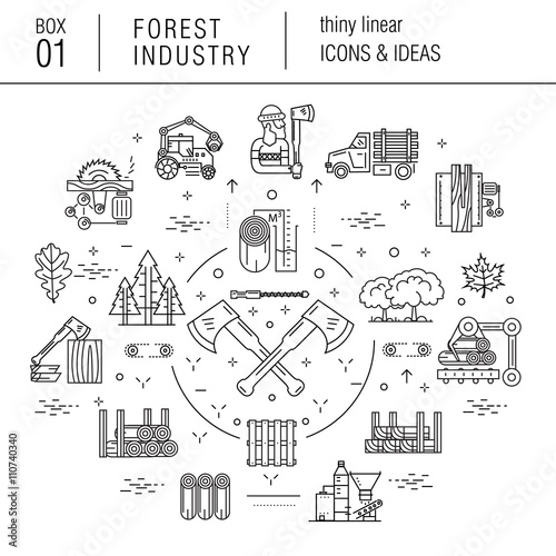 Forest industry in modern thin linear style with various timber