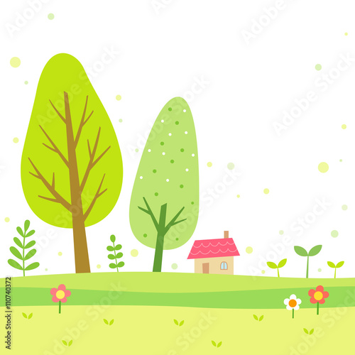 Spring and summer background with trees and house