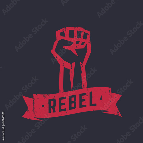 Rebel, t-shirt design, print, red on dark, fist held high in protest, vector illustration
