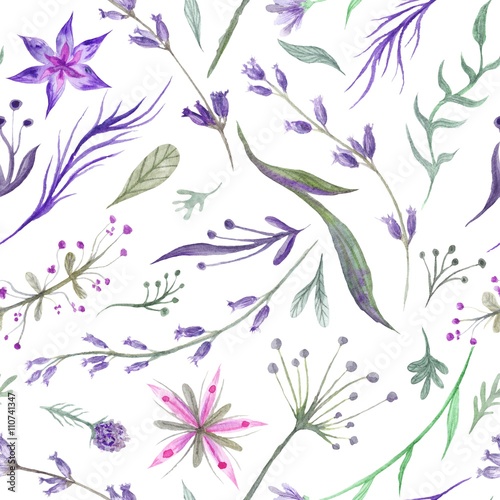 Watercolor Herbal Pattern with Lavender in Purple Color