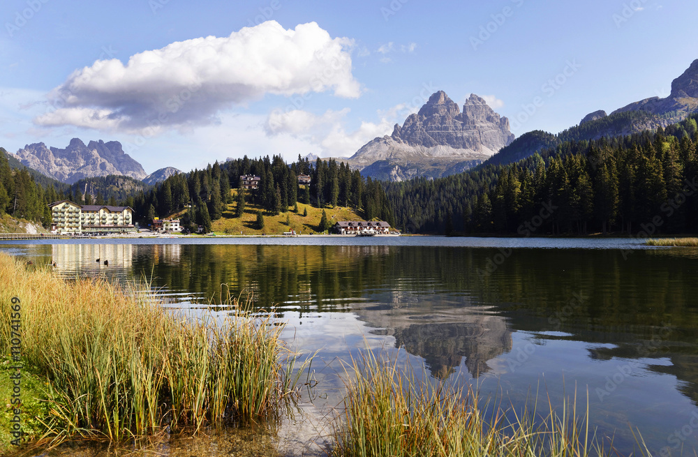 Fototapeta premium The Tre Cime di Lavaredo Three Peaks seen from Misurina lake, the Dolomites Mountains, Italy, Europe, sept. 2015