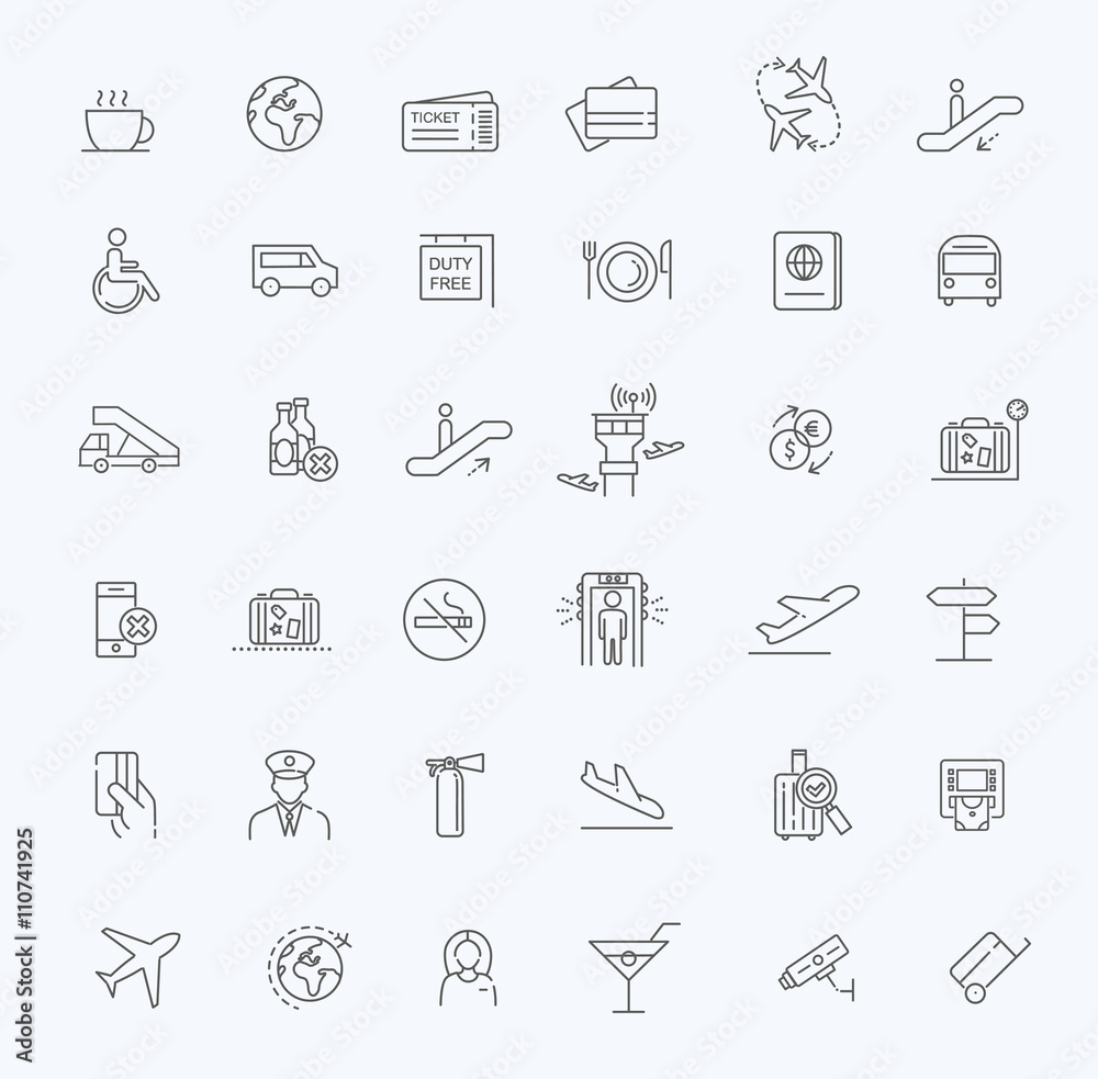 Air Travel or Airport Services outline icon set