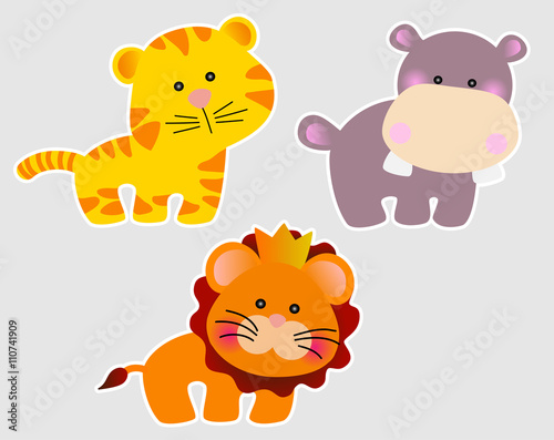 Set of three cute african animals in cartoon style - lion, tiger and hippopotamus