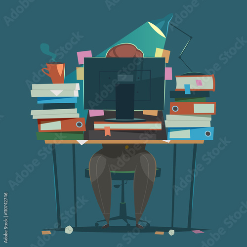 Businessman works hard at an office. Vector illustration.  