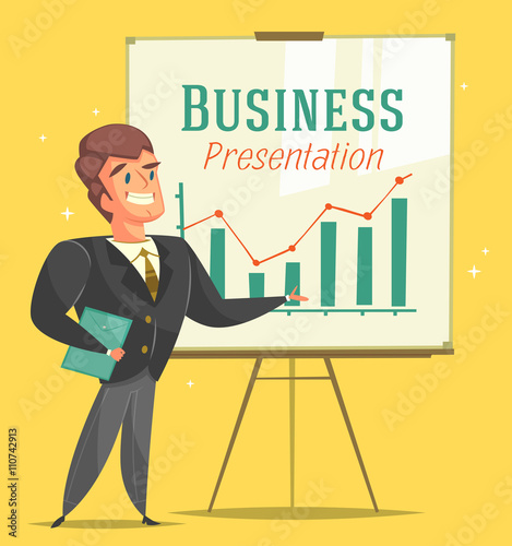 Businessman gives a presentation. Cartoon style character. Vector illustration.  