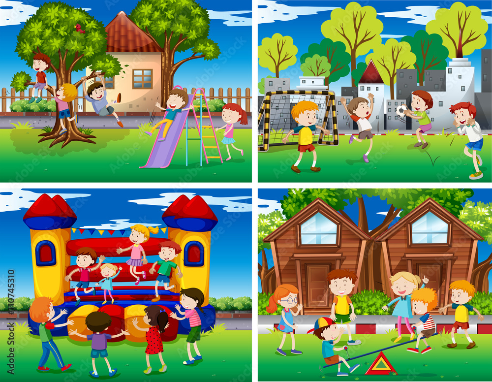 Four scenes of children playing in the park