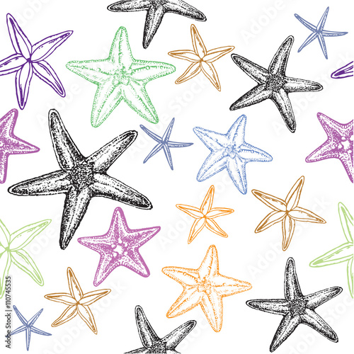 hand drawn sketch illustration starfish seamless pattern