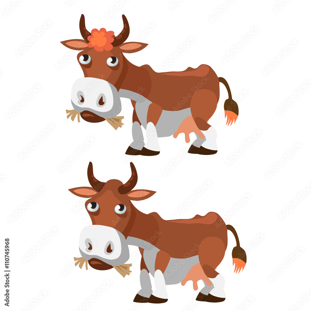 Funny brown cow in cartoon style 