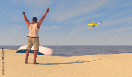 3D render of male figure on a beach waving to a UAV drone. Fictitious UAV is a unique design. Depicting drone in search and rescue operation; lens flare, depth-of-field, motion blur.