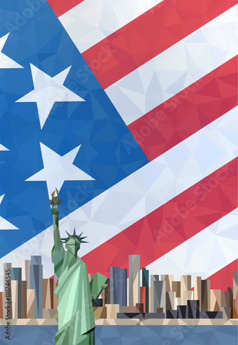 Statue of Liberty in New York City. American flag.
