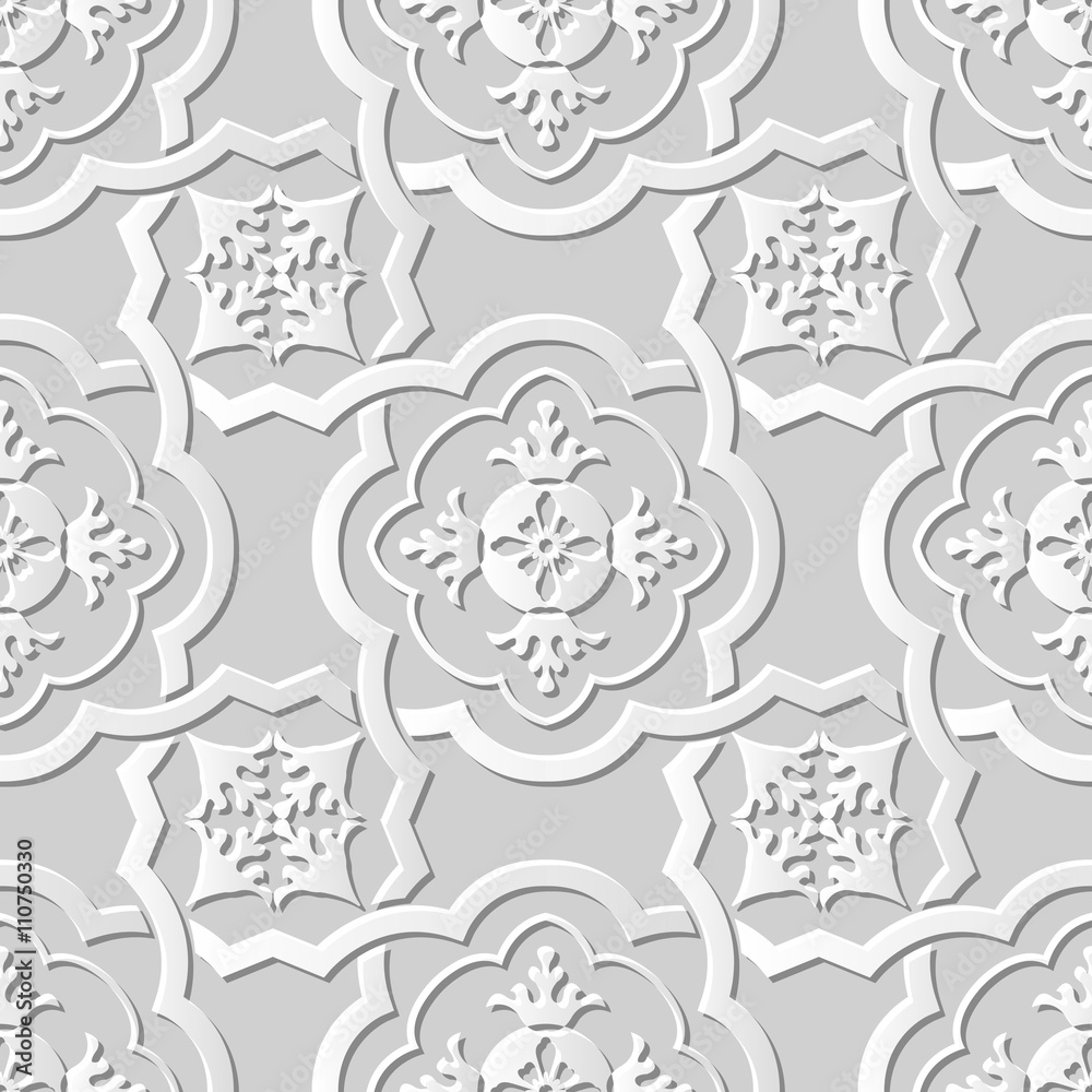 Seamless 3D white paper cut art background 392 curve cross frame flower kaleidoscope
