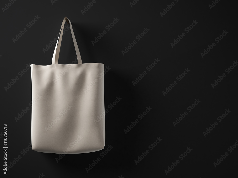 Photo natural color cotton textile material bag hanging left side. Empty  concrete painted black wall background.Highly detailed texture, space for  your business message.Horizontal mockup.3D rendering Stock Illustration |  Adobe Stock
