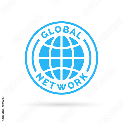 Global company network icon with blue globe stamp symbol. Vector illustration.