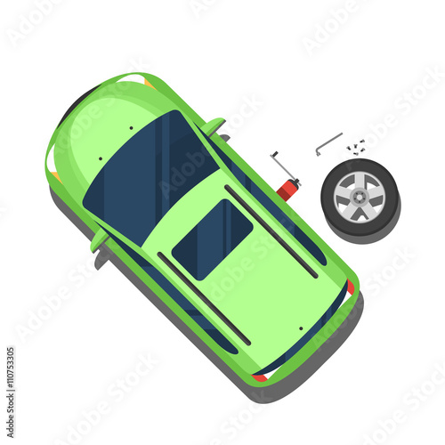 Car, replacement of wheels, repair work. Top view. Vector illust