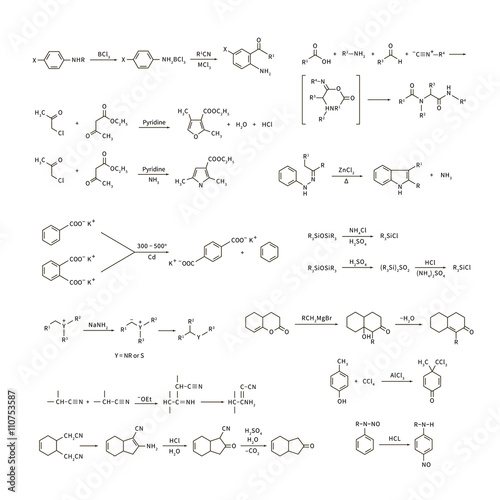 Large set of basic chemical reaction equations and formulas on white