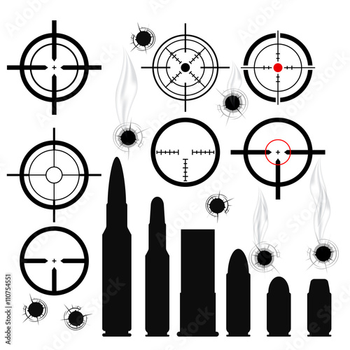 Crosshairs (gun sights), bullet cartridges and bullet holes Fototapeta