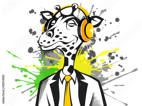 Hand drawn hipster giraffe color with headphones