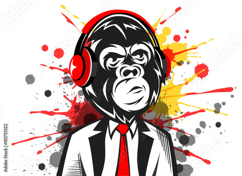 Hand drawn hipster monkey color with headphones
