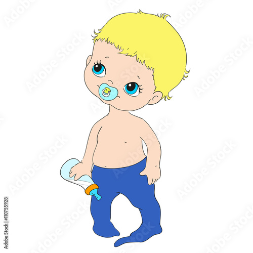 Cute baby character. Baby with nipple and bottle. Vector