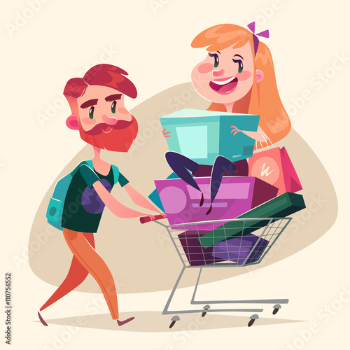 Consumers with a full shopping basket. Vector illustration.