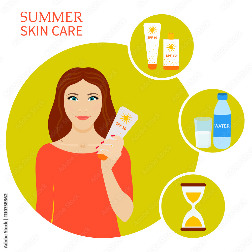 Summer skin care set. Skin sun protection infographic elements. Sun and
