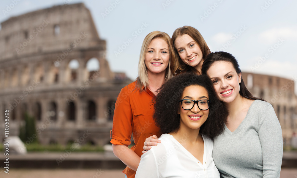 group of happy different women over coliseum