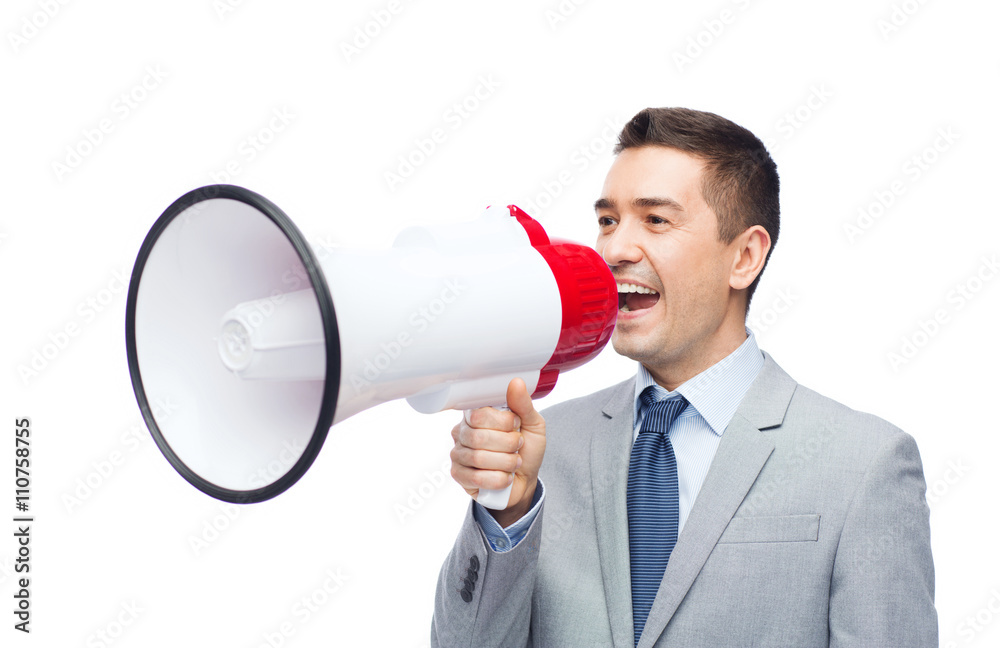 happy businessman in suit speaking to megaphone happy businessman in suit speaking to megaphone