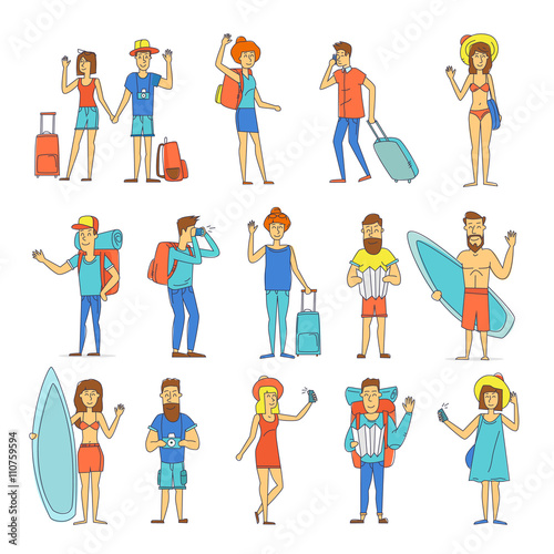 Thin line People and couples travel-ling, surfing, leisure, hiking. Character design. Flat design vector illustration.