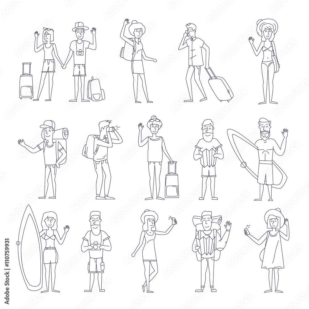 Thin line People and couples travel-ling, surfing, leisure, hiking. Character design. Flat design vector illustration. Thin line People and couples travel-ling, surfing, leisure, hiking. Character design. Flat design vector illustration.