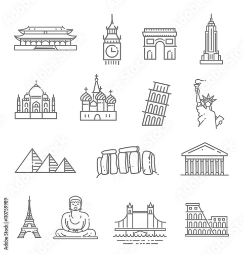 Travel landmarks line icon set