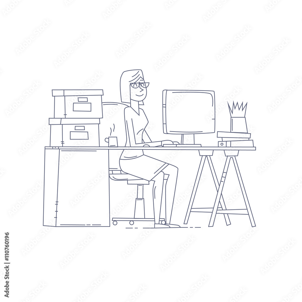 Thin line woman sitting at the table and working on the computer