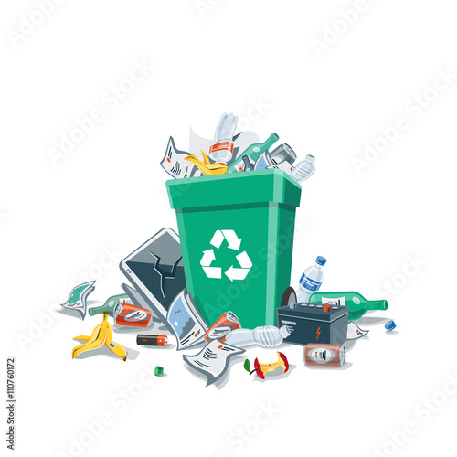 Littering Garbage around the Trash Bin Isolated on White Background