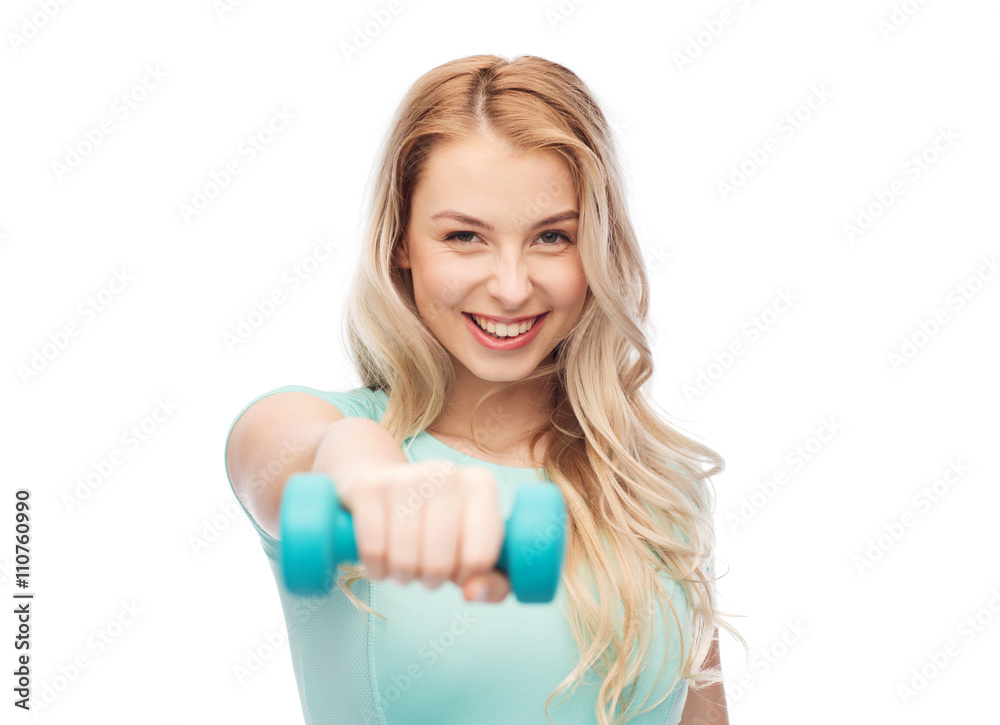 smiling beautiful young sporty woman with dumbbell smiling beautiful young sporty woman with dumbbell