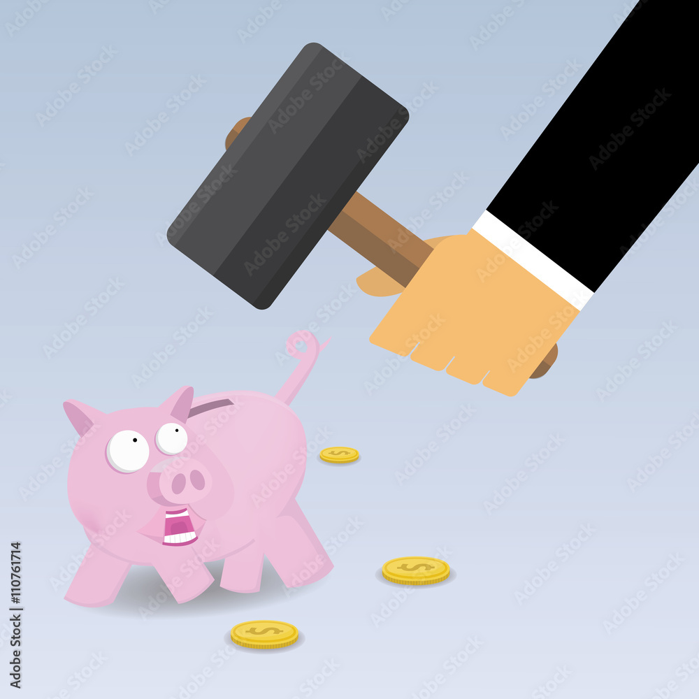 A hand holding a hammer which is raised above a pink piggy bank. A hand holding a hammer which is raised above a pink piggy bank.