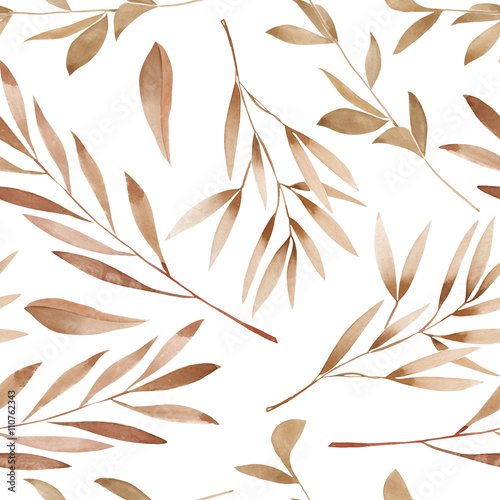 Seamless floral pattern with the watercolor brown leaves on the branches, hand drawn on a white background