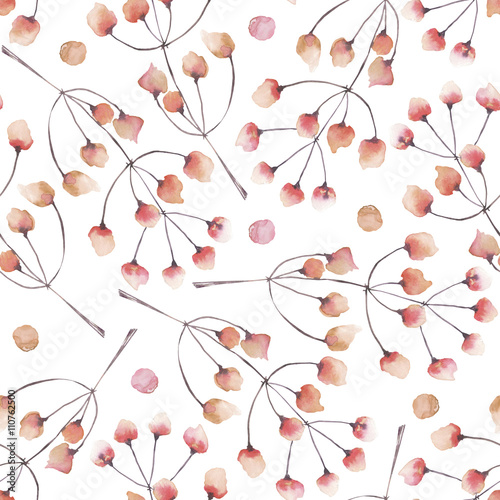 Seamless floral pattern with the abstract watercolor red branches  hand drawn on a white background