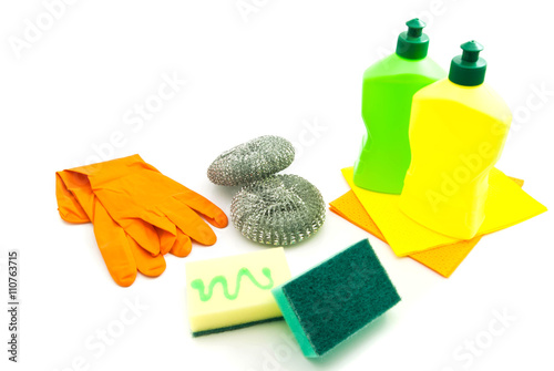 sponges, gloves and bottles