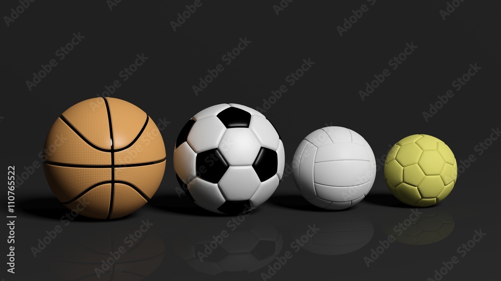 Volleyball,basketball,football and waterpolo ball on black background