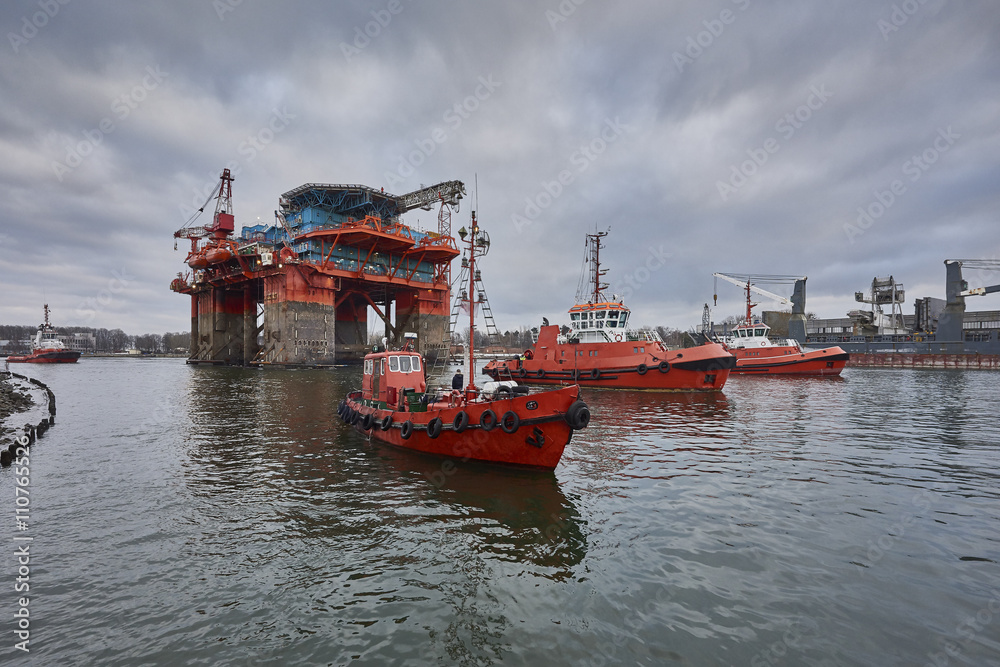 Towing Oil Rig in the Port of Gdansk, Poland.

