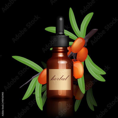 Realistic essential oil bottle and seabuckthorn branch with ripe berries on black background