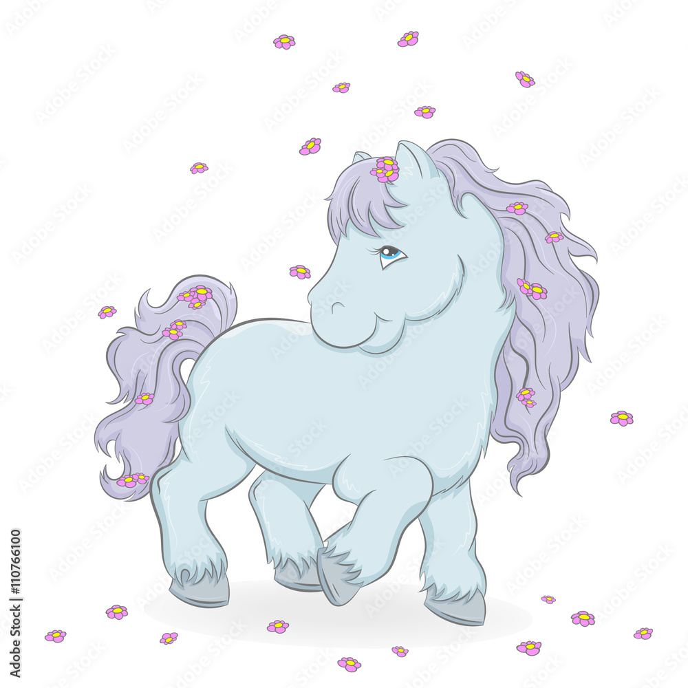 Illustration of a cute horse and flowers on a white background