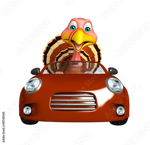 Turkey cartoon character with car © visible3dscience